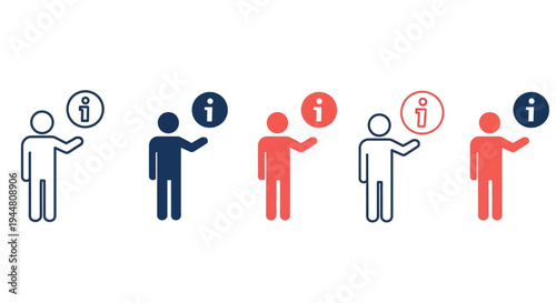 Set of five icons representing information and help, with people figures holding the information symbol in different colors and styles