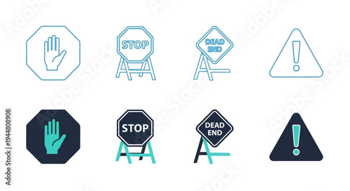 A versatile collection of modern road safety and hazard warning vector icons, featuring various stop signs, dead end indicators, and general 