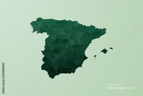 Spain Map - Green Polygon Style Vector Illustration, Low Poly Geometric Design with Clean Silhouette on soft green Background.