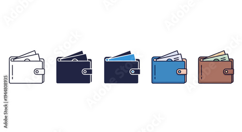 Collection of modern digital icons depicting various wallets with cash and credit cards, representing financial transactions and personal finance management
