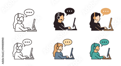 Various icons showing customer service agents with headsets and laptops. These illustrations symbolize support, communication, and efficient call center operations