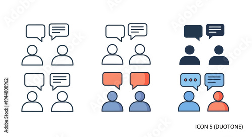 Collection of icons representing communication and discussion between people, set against a white background