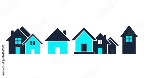 Diverse collection of stylized houses in various sizes and colors, representing real estate and housing options