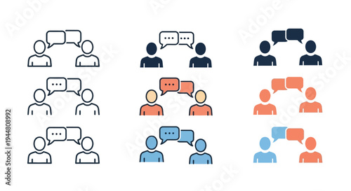 Vector icons depicting the concept of effective group communication and social interaction, showcasing individuals in dialogue, discussion, and collaborative exchange for teamwork
