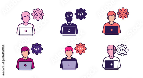 Illustrations of people with laptops and gears, representing coding and software development with a focus on programming and teamwork