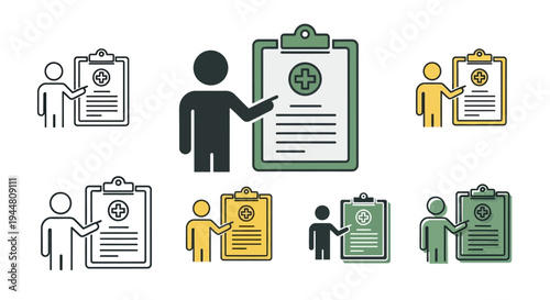 Medical professional guiding patient with health record on clipboard, icons set