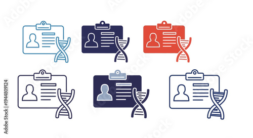 Collection of identity cards with human silhouette and DNA strand icons, representing genetic identity and personal information