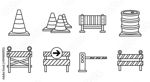Collection of construction safety and traffic management barrier icons