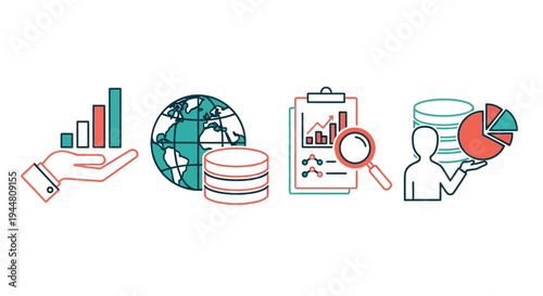 Illustration of business analytics, data analysis, statistics, growth charts, and financial reporting tools for business intelligence and decision making