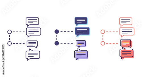 Comprehensive Digital Communication Flow Icon Set with Three Distinct Styles for Interactive Messaging and Network Discussions