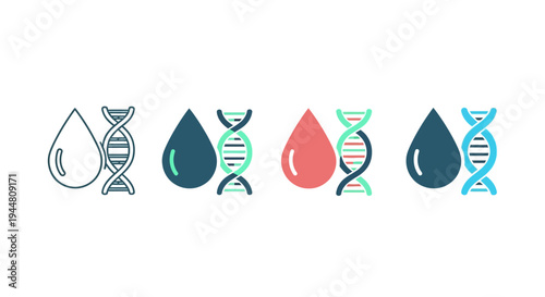 Set of icons depicting DNA strands and blood drops in various styles, symbolizing genetics, biology, and health science research