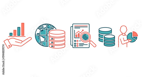 Modern Vector Icons for Data Analytics, Business Intelligence, and Strategic Reporting. Visualizing Global Information Management, Financial Growth, and Digital Operations Concepts