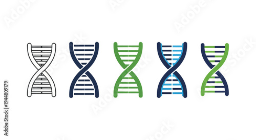 A diverse set of DNA double helix icons, presenting different stylistic interpretations of genetic code and biological structures for scientific, medical, and educational design projects