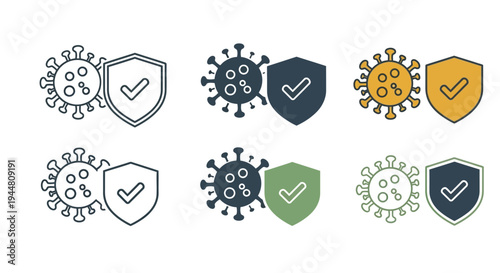 Set of icons representing immune system defense against viruses, showcasing protection shields and virus symbols with checkmarks