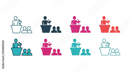 Set of icons representing a speaker at a podium addressing an audience in multiple color variations and styles for diverse digital and print applications
