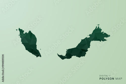 Malaysia Map - Green Polygon Style Vector Illustration, Low Poly Geometric Design with Clean Silhouette on soft green Background.