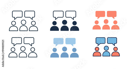 Diverse collection of communication and discussion vector icons, featuring abstract human figures with speech bubbles, ideal for illustrating group collaboration, social networking, 