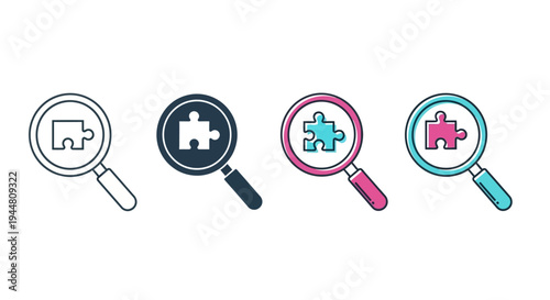 Conceptual illustration of a magnifying glass examining a jigsaw puzzle piece, symbolizing the analytical search for solutions, problem-solving, discovery, and finding missing connections
