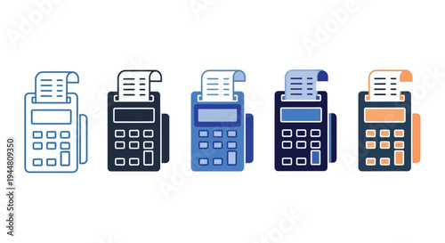 Collection of diverse payment terminals, each displaying a receipt, symbolizing financial transactions and digital commerce