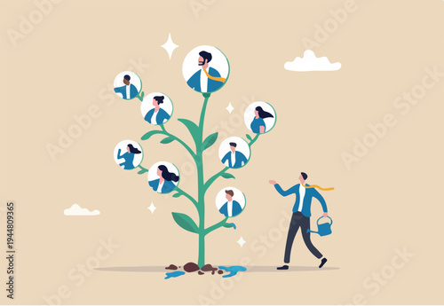 Career growth, HR human resources or organization, people management, career development strategy, employee skill or hiring, recruitment concept, businessman HR watering growing tree with