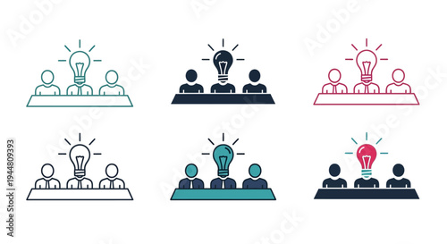 Collaborative Brainstorming Meeting Icon Set with Lightbulb Symbol for Idea Generation and Teamwork, Representing Innovation and Creative Problem Solving