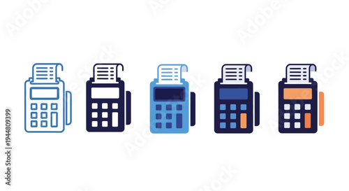 Collection of payment terminal icons in various colors, displaying receipt for financial transactions
