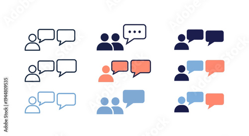 Versatile vector icon collection depicting essential concepts of communication, social interaction, group discussion, and dialogue exchange for digital interfaces