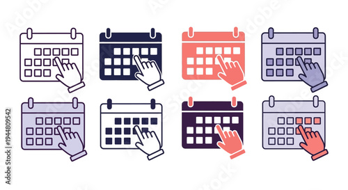Collection of Modern Calendar Icons with Hand Pointers for Digital Scheduling and Event Planning, Featuring Diverse Styles and Color Variations for User Interfaces