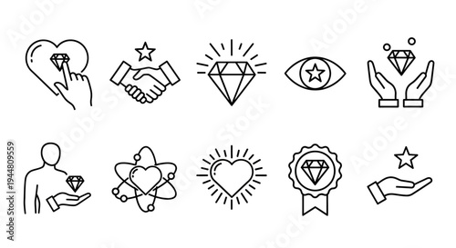 Versatile collection of linear icons representing core business values such as trust, quality, excellence, and investment, perfect for branding, web design, and conceptual presentations