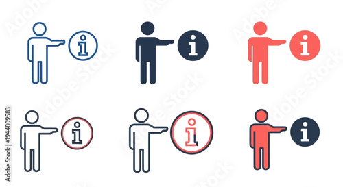 A collection of user interface icons demonstrating information access and guidance, featuring a person pointing to a help symbol, suitable for web and mobile application design