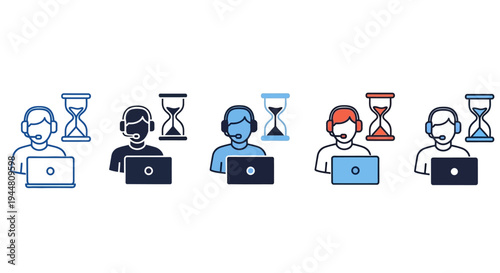 Customer service icons depicting support agents with computers and hourglass symbols representing time and deadlines