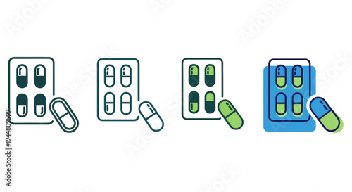 Four different styles of capsule blister pack icons with one loose capsule, medical healthcare symbols