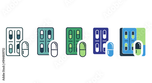 Modern vector illustration set of medicine icons, featuring diverse blister packs with pills and individual capsules, representing health, pharmacy, and healthcare concepts