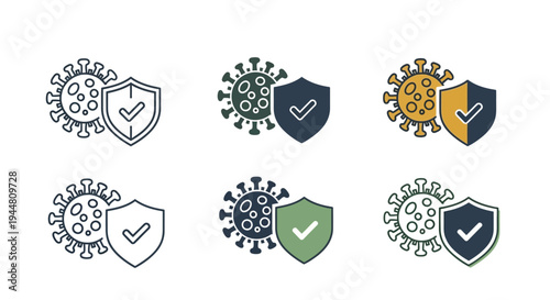 Set of six virus protection icons with shield and virus symbols, symbolizing health and safety measures against infectious diseases