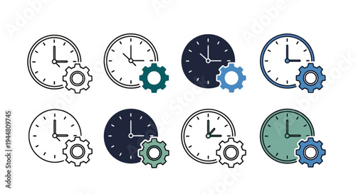 Diverse set of time management and productivity settings icons. Featuring clocks with integrated gears to represent scheduling, efficiency, configuration, and optimization processes