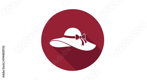 Vector sun hat icon with bow, red circle background