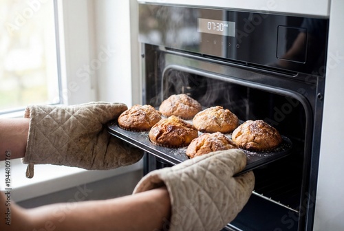 Person taking freshly baked muffins out of the oven in kitchen at home
