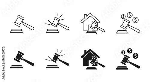 Set of auction gavel icons symbolizing justice, finance, and real estate transactions in a graphic design context