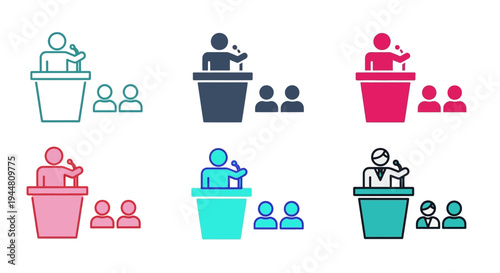 Collection of stylized speaker icons with audience silhouettes in various color palettes, representing public speaking and presentations