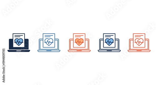 Vibrant icon set showcasing digital health reports on laptop screens, symbolizing electronic medical records, online healthcare services, and modern patient data accessibility