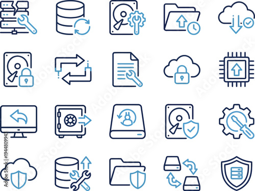 Modern IT, data, storage, and security line icons for various digital infrastructure applications.