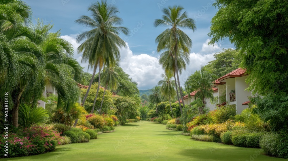 Fototapeta premium Lush Tropical Garden Path with Palm Trees and Colorful Flowers Under Blue Sky