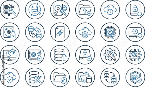 Collection of data backup and security icons representing storage, recovery, and maintenance processes.