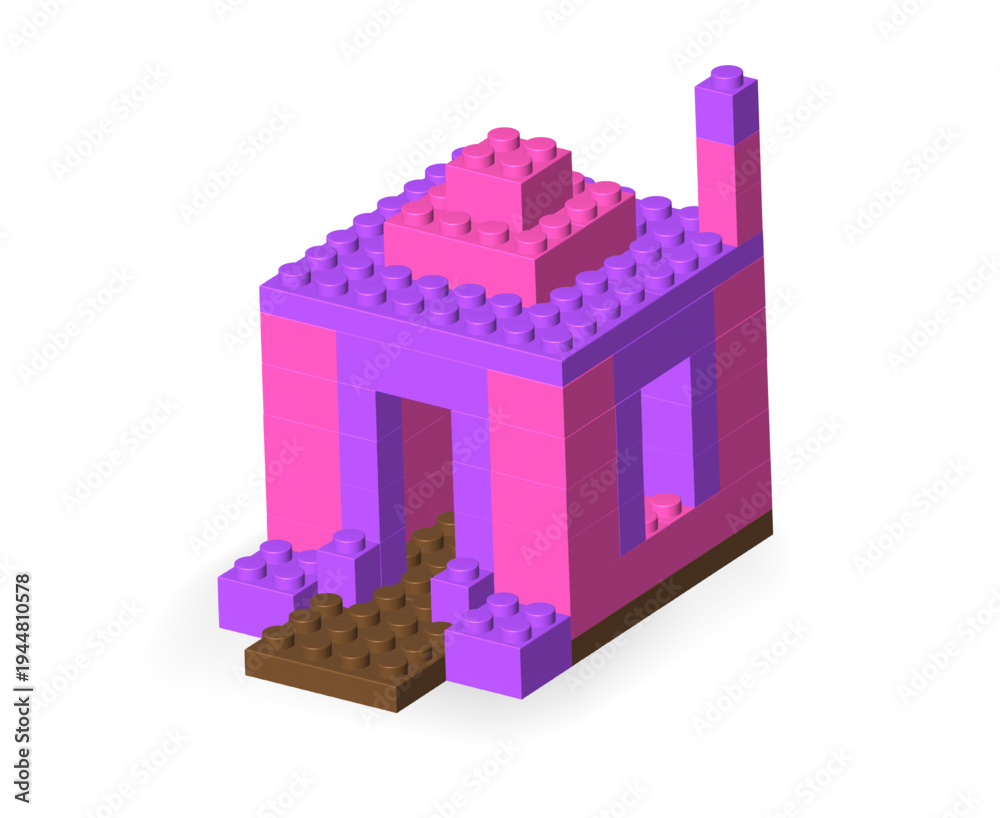 Fototapeta premium Pink and violet house made with realistic colored plastik constructor parts isolated on transparent background. 3D rendered vector PNG