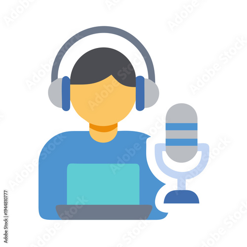 Podcast recording illustration with microphone, headphones and laptop on a dark background