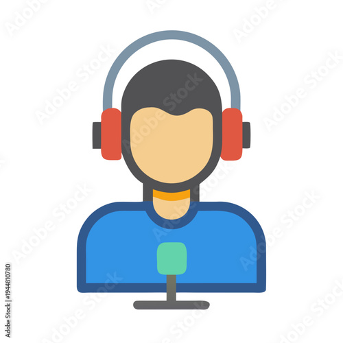 Flat design icon of podcaster with headphones and microphone on black background