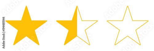Gold star icon set for rating review and favorite systems with solid half and outline stars