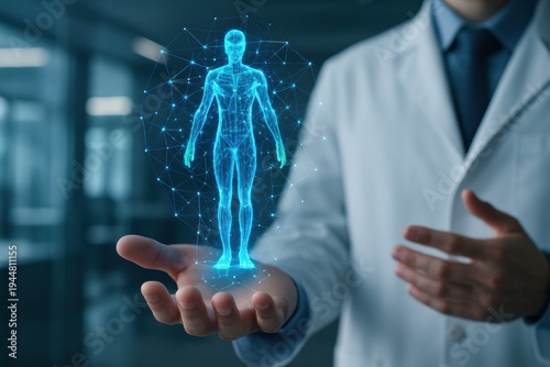 Doctor Holding Futuristic Human Body Hologram for Advanced Medical Research