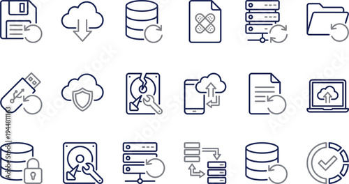 Collection of detailed line icons representing data backup, storage, recovery, and cloud synchronization services.