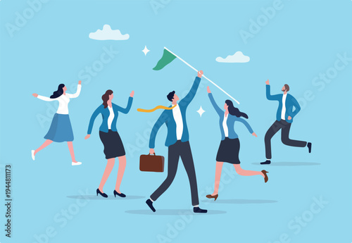 Leadership team leader to lead team to success, company ceo win business competition together, management or professional to reach goal or achievement, businessman leader hold winning flag